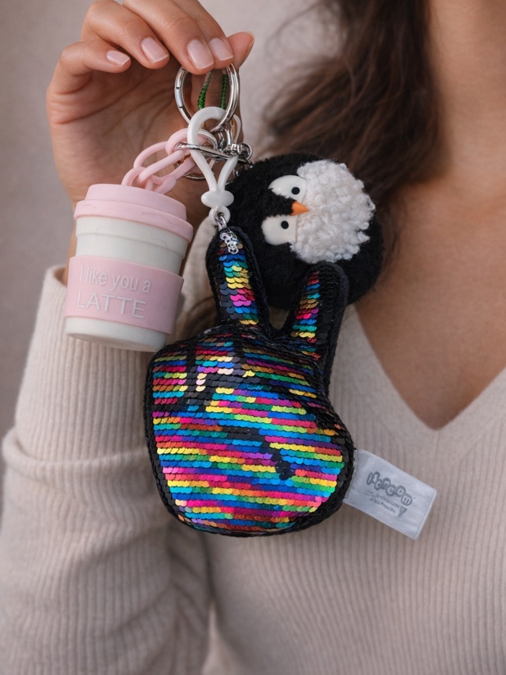 Sequin Peace Sign Keychain with Pink Latte Cup Charm